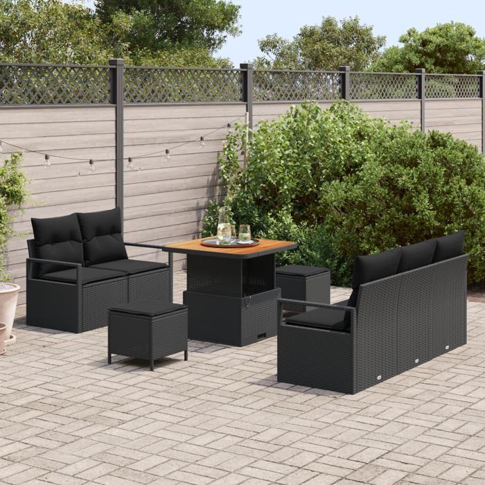 Ensemble de canapé de jardin 8 pièces avec coussins noir poly rattan acacia, Canapé de jardin 2 places avec rangement 3364414