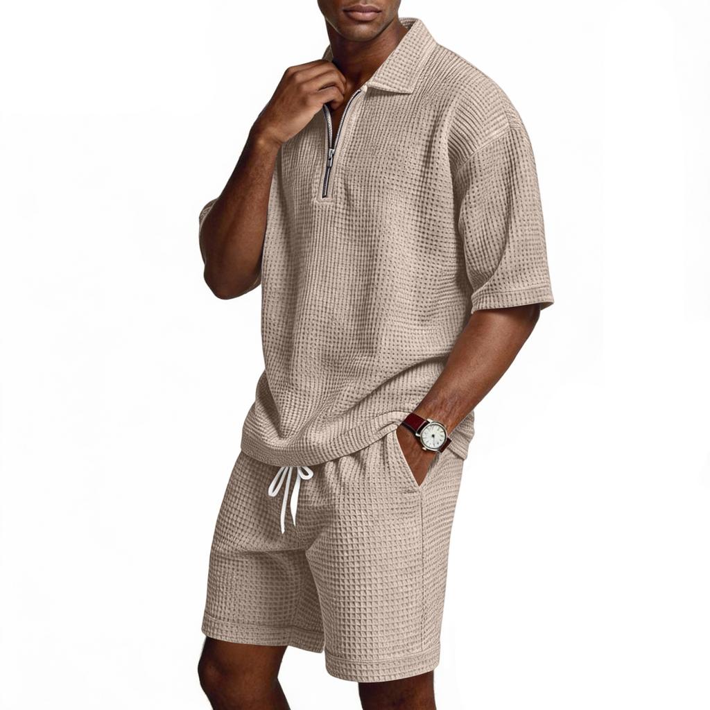 Men's Summer -color Quarter-zip Casual Loose Short-sleeved Short Pants Set