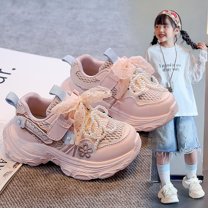 Girls Princess Sneakers Sweet Lace Beading Bows Children Sports Shoes Mesh Breathable Autumn New Kids Running Shoes Soft