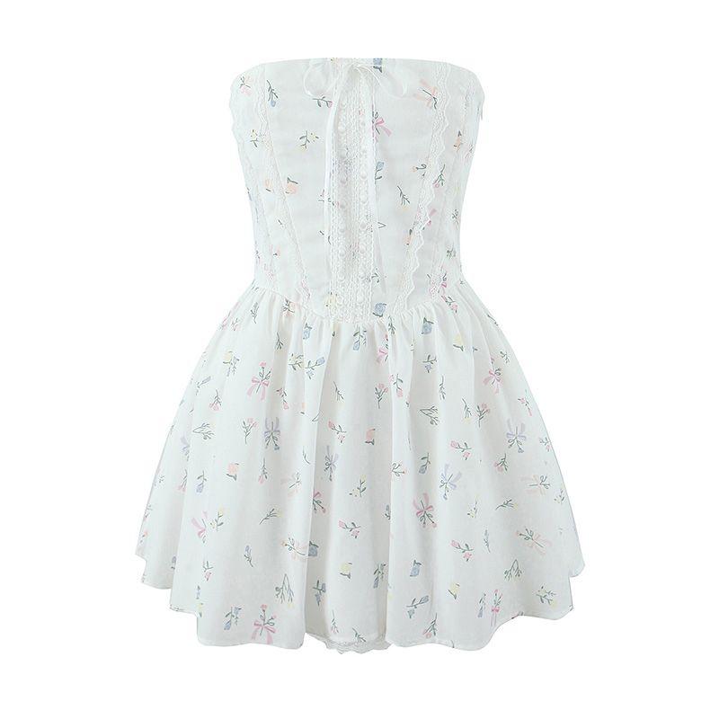 

Babyboo Super Beautiful Australian Niche First Love Floral Lace Stitching Lace-up Sexy Strapless Dress Dress White Floral Strapless Dress L