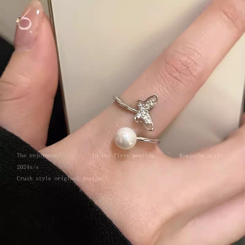 

Butterfly pearl zircon open ring niche design girlfriend index finger ring light luxury adjustable ring opening adjustable