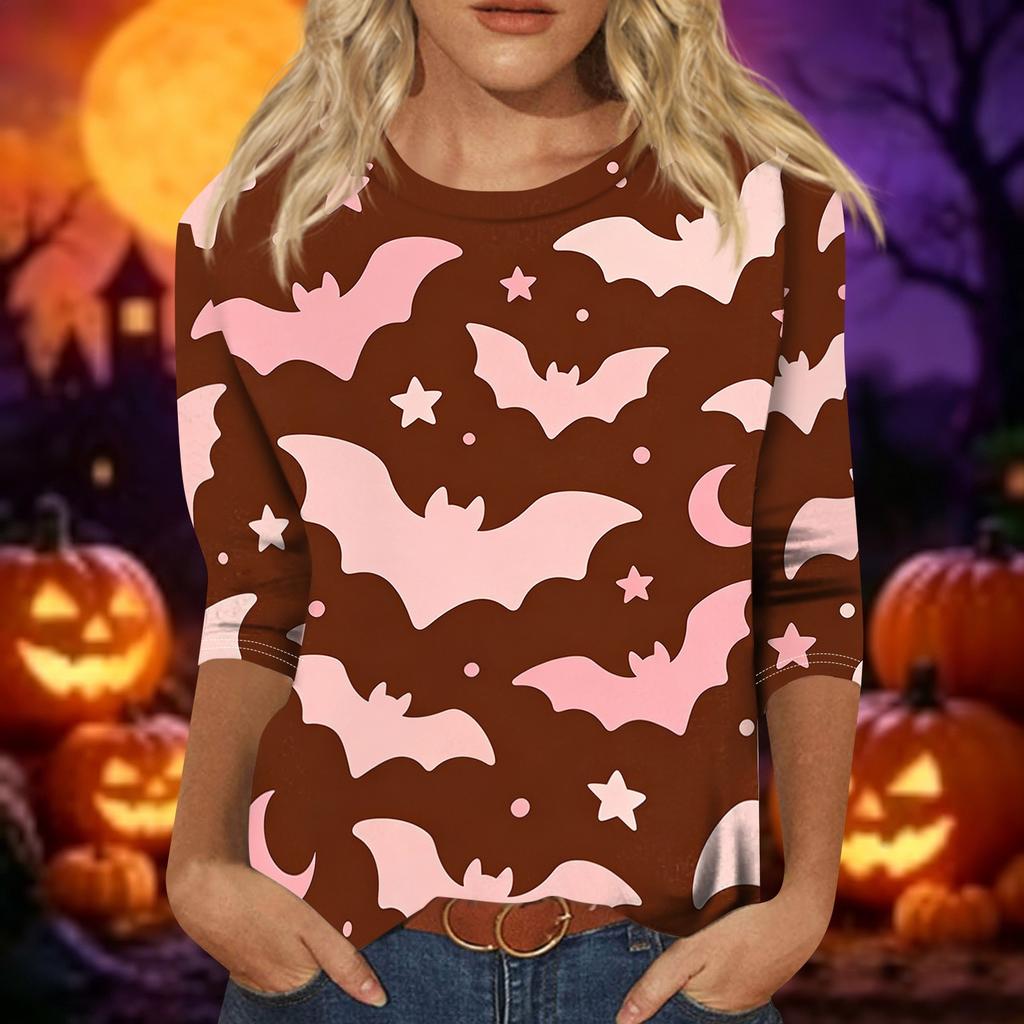 Women's Casual 3/4 Sleeve Crew Neck Top Halloween Themed Print Lightweight Pullover Blouse for Everyday Wear