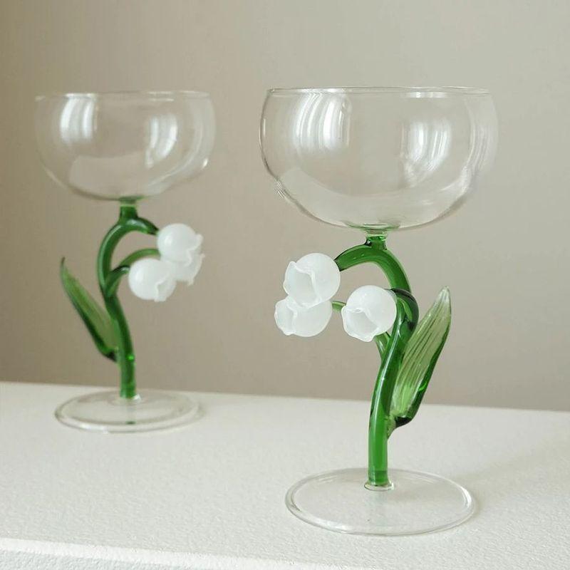 Flower Mouth Transparent Glass 3D White Jade Bell Orchid Handle 250ml Cocktail Glass Martini Goblet Wine Cup for Club Home Us