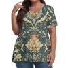 Women's Fashion Casual V-Neck Pullover Short Sleeve Large Size Vintage Printed Top