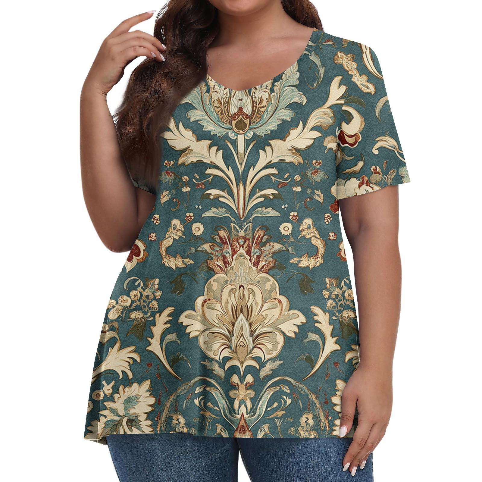 Women s Fashion Casual V-Neck Pullover Short Sleeve Large Size Vintage Printed Top L армия зеленый