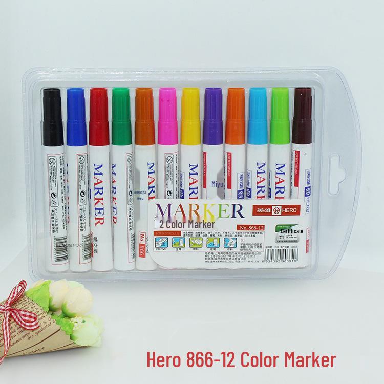 Hero 866-12 Oil-Based Single Tip Marker Pen Set - 12 Colors