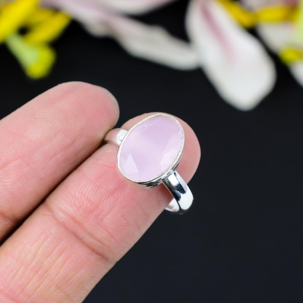 Pink Chalcedony Gemstone Handmade 925 Sterling Silver Jewelry Ring Size 7 KG-353