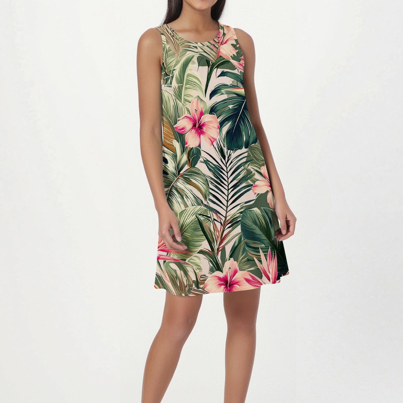 Women s Fashion Beach Dress Sleeveless Round Neck Floral Print Dress L
