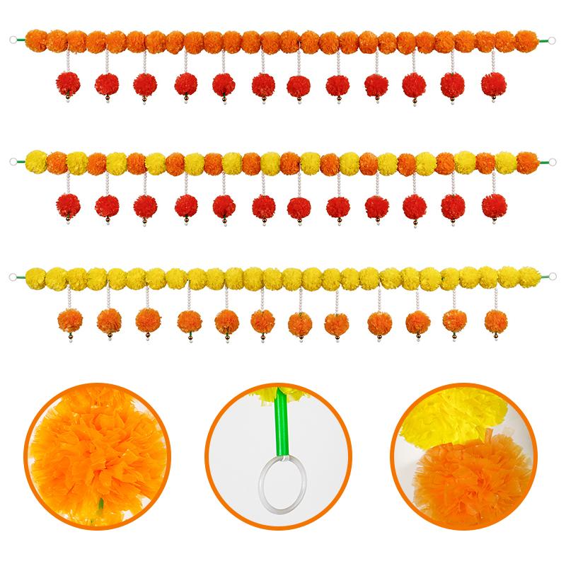 1PC Indian Weddings Halloween Yard Mexican Artificial Marigold Garland With Ball Tassels