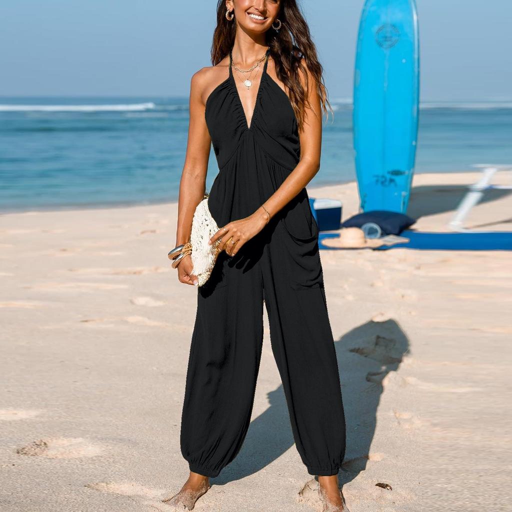 Ladies' Loose And Comfortable Solid Color Deep V Hanging Neck Sleeveless Pleated Pocket Wide Leg Long Jumpsuit