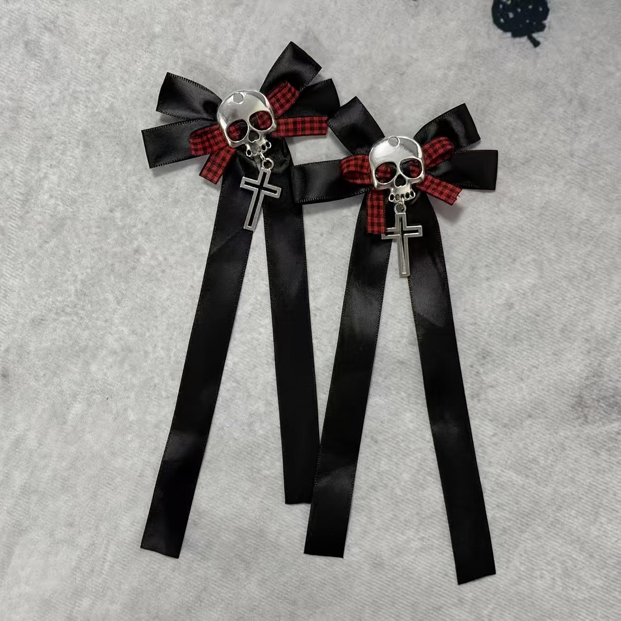 2Pcs Gothic Skull Hair Clips, Black Ribbon Hair Accessory With Cross Pendant, Punk Style Red Plaid Pattern Hair Accessory, Halloween Lolita Cosplay 2Pcs