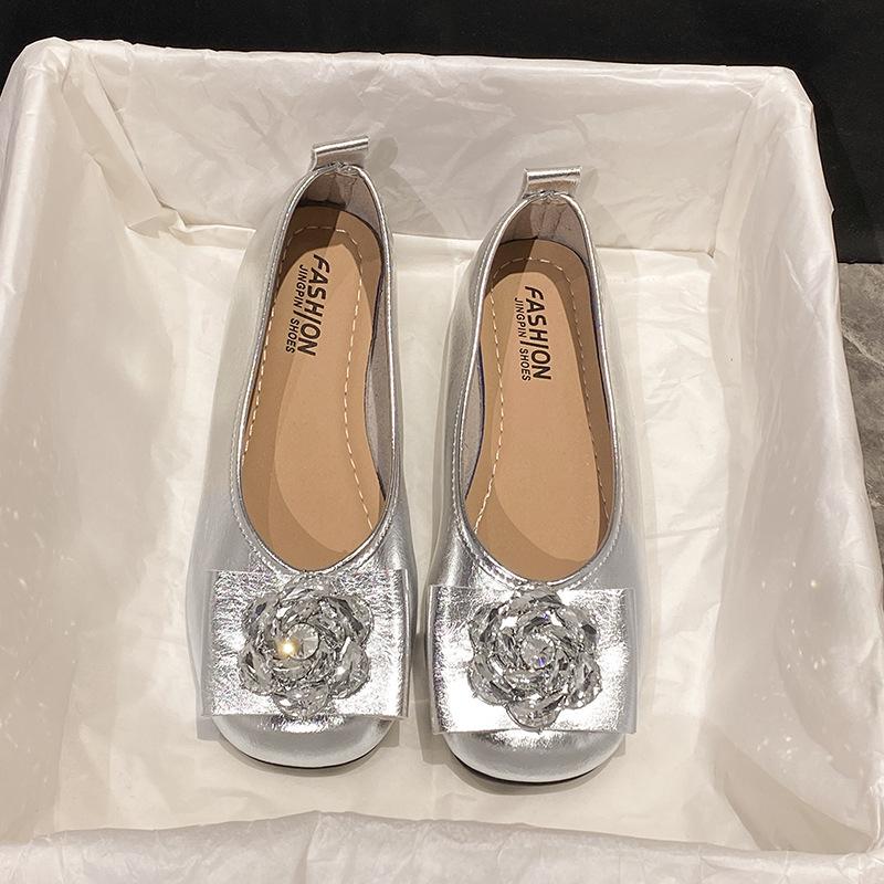 French High-end Square-head Rhinestone Single Shoes for Women's 2025 Spring New Gray Velvet Mary Jane Shoes