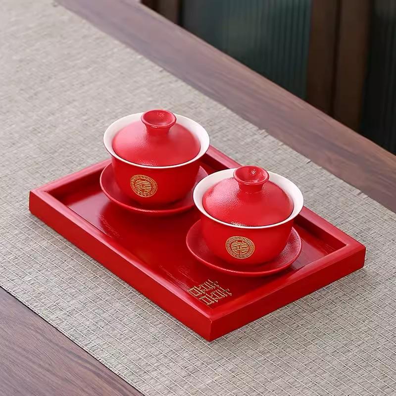 Red Tea Set Cover Bowl Set, One Pot, New Couple's Wedding Change of Mouth, Tea Cup, Chinese Wedding Celebration