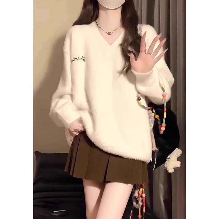 New Milky White V-neck Waterproof Mink Sweater Women's Autumn and Winter Soft and Glutinous Loose Lazy Knit Sweater Top Tide