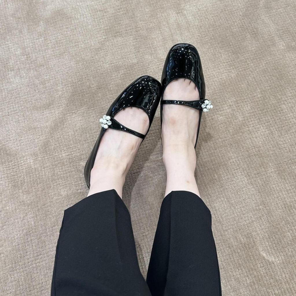 Cowhide Version~ Pearl Rhinestone Buckle Genuine Leather Mary Jane Single Shoes Women's Soft-soled Ladyshoes Small Leather Shoes Flat Shoe