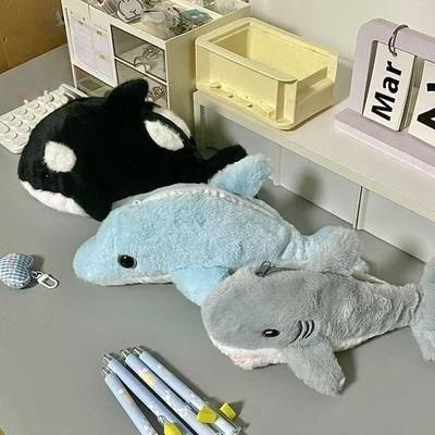New 1Pcs Student Stationery Cute Plush Dolphin Shark Pencil Case School Supplies Kawaii Doll Back To School Storage Bag Pen Bag