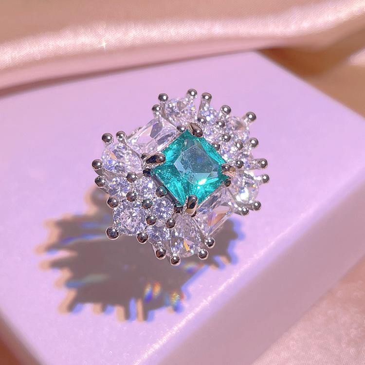 Jewelry Set European and N Square Stud Earrings with Flower Zircon Ring Set for Women