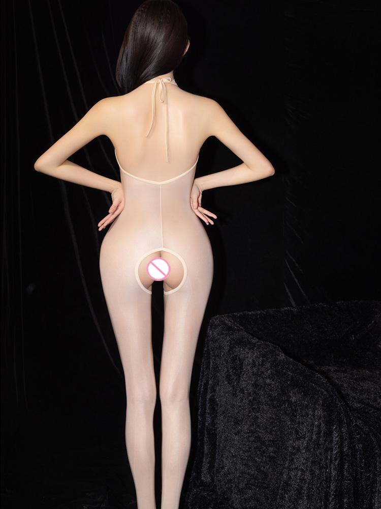 Sexy Women Cosplay Maid Oil Glossy Shiny Hollow Out Bodysuit Lace Sheer See Through Elastic Open Crotch Shaping Tight Leotard