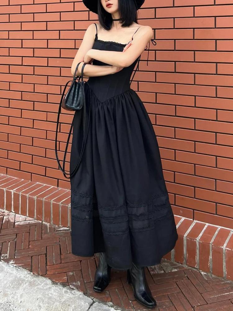 Summer Casual Solid Lace Dress Trim A-Line Long Dress Slim Slash Neck Sleeveless Maxi Dresses for Women Fashion Ladies