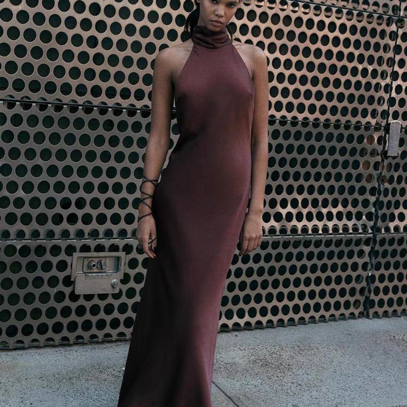 Spring New Arrival Women's Sleeveless A- line Dress Halterneck Silk Satin Texture Half Turtleneck Dress 8739331