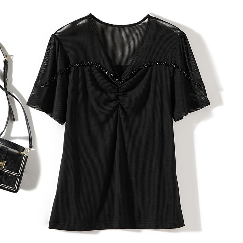 

Waffle Stretch Cotton Yarn! Half Cut Out Women s Summer Small V-neck Rhinestone Black Slim Looking T-shirt Age-Reducing Breathable Black L