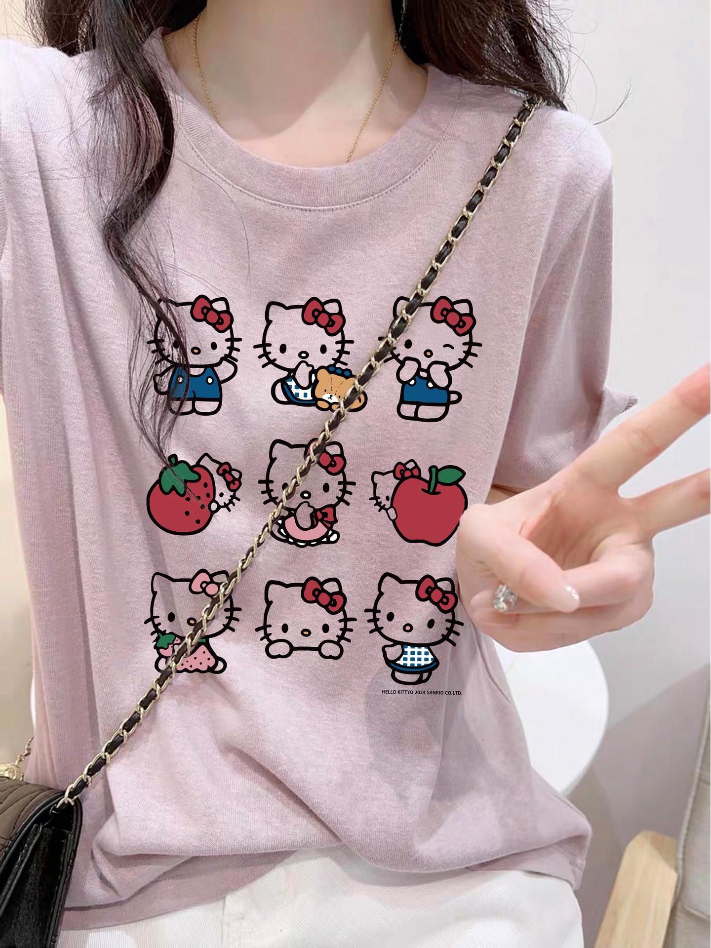 

Korean Chic Square Shoulder Short Sleeve T-Shirt for Women - Cute Kitten Print, Snowflake Cotton, Spring/Summer 2026 Double Extra Large