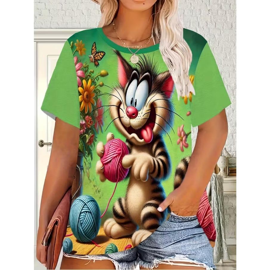 XL-7XL Plus Size Women's Men Cartoon Cat Casual 3D Print Loose V Neck Short Sleeved T-shirt Top