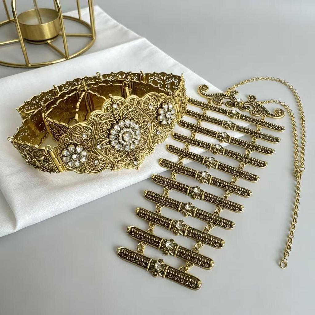 Caucasian Ethnic Rhinestone Waistband & Necklace Set