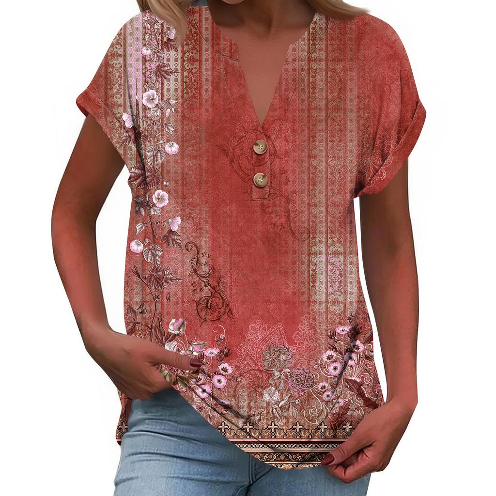 Modieuze Casual Losvallende Dames T-shirt Top met Korte Mouwen, Knopen en V-hals, Bedrukt