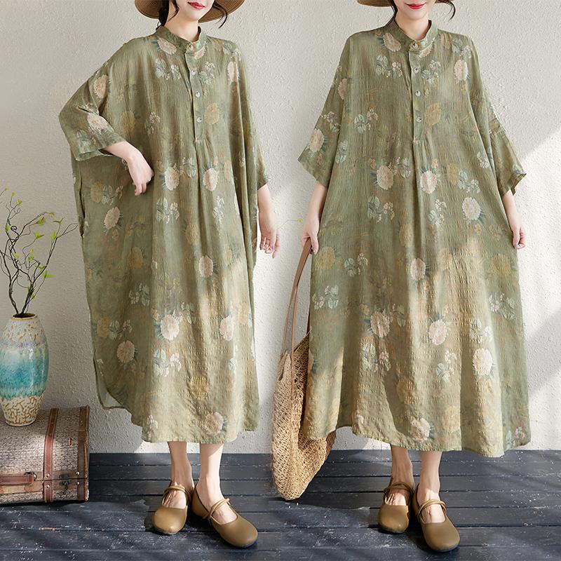 DIMANAF 2025 Summer Women Plus Size Dress Vintage Floral Buttons Casual Loose Long Oversized Dress New