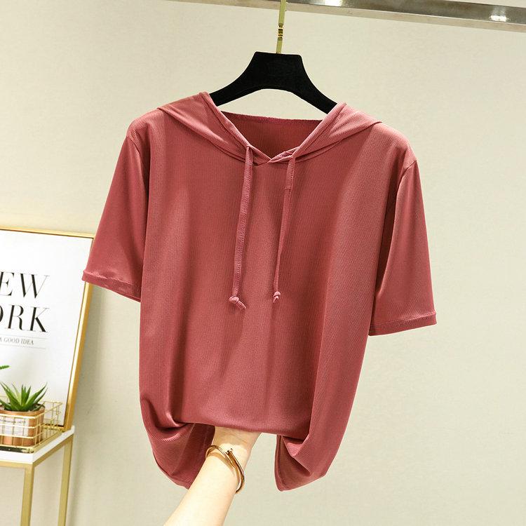 

Женская корейская толстовка с коротким рукавом из ледяного шелка - Повседневный, свободный, универсальный летний топ XL кирпич красный