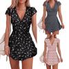 Summer Women Beach Sexy V-neck Sweet Short Sleeved High Waist Skirt Floral Sundress Dress
