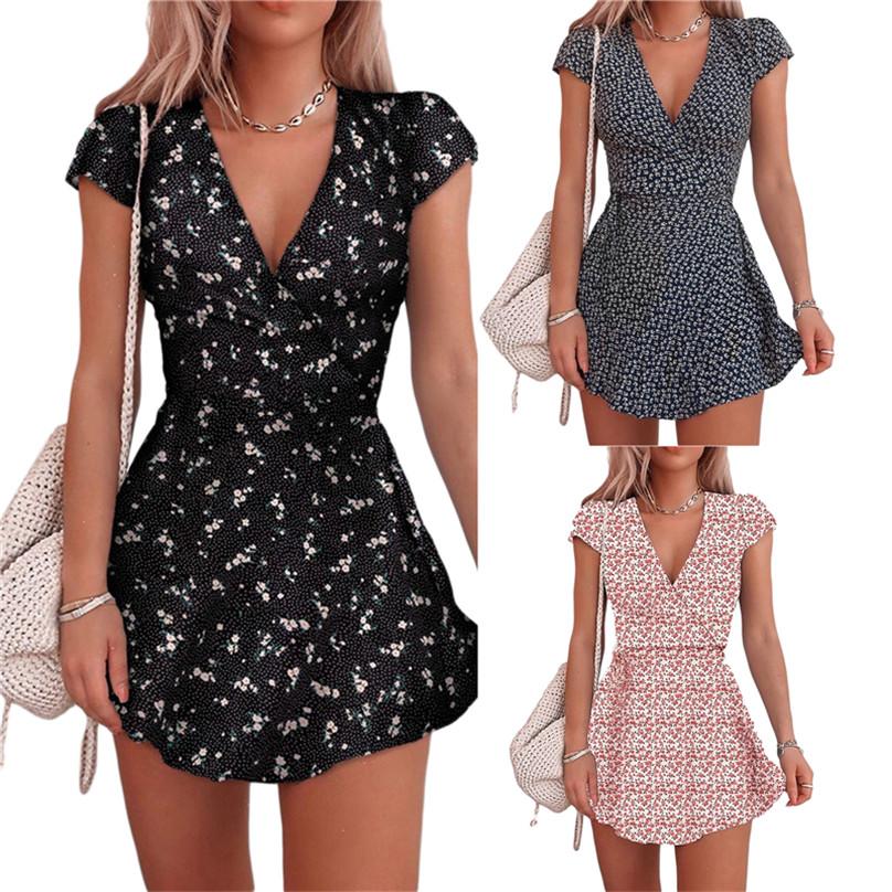 Summer Women Beach Sexy V-neck Sweet Short Sleeved High Waist Skirt Floral Sundress Dress