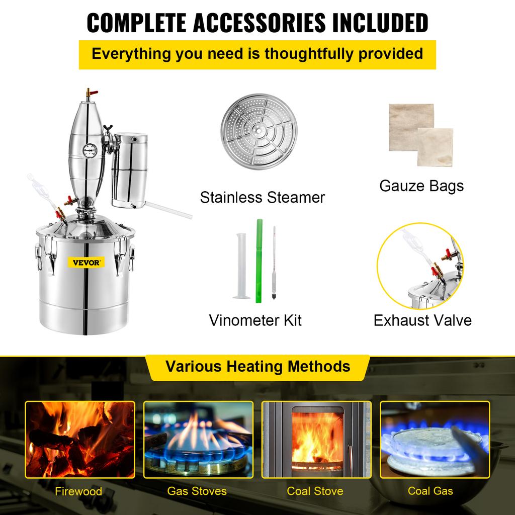SucceBuy Water Alcohol Distiller 304 Stainless Steel Alcohol Distiller Home Kit Boiler for Home and Outdoor in restaurants farm