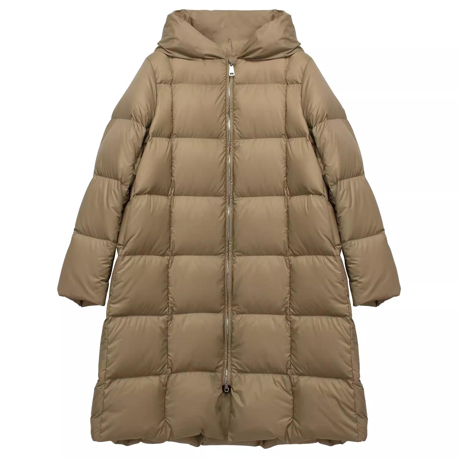 

Белый утиный пух длинный пуховик женский зимний новый свободный утолщенный модный квадратный однотонный до колена с капюшоном S хаки