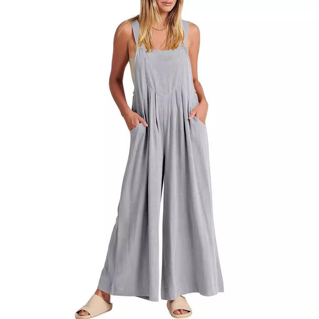 2023 European & American Women's Solid Color Casual Cotton Linen Strappy Jumpsuit