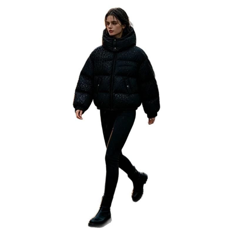 Womens Winter Hooded Puffer Coat Water-Responsive Leopard Print Loose Fit Thick Warm Cotton Jacket