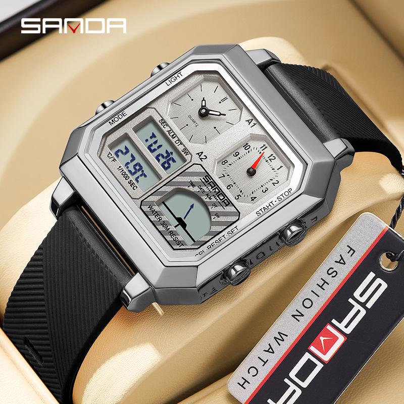 SANDA 6210 Men's Electronic Watch Square Multifunctional Temperature Date TPU Strap Digital Display Wrist Watches for Male