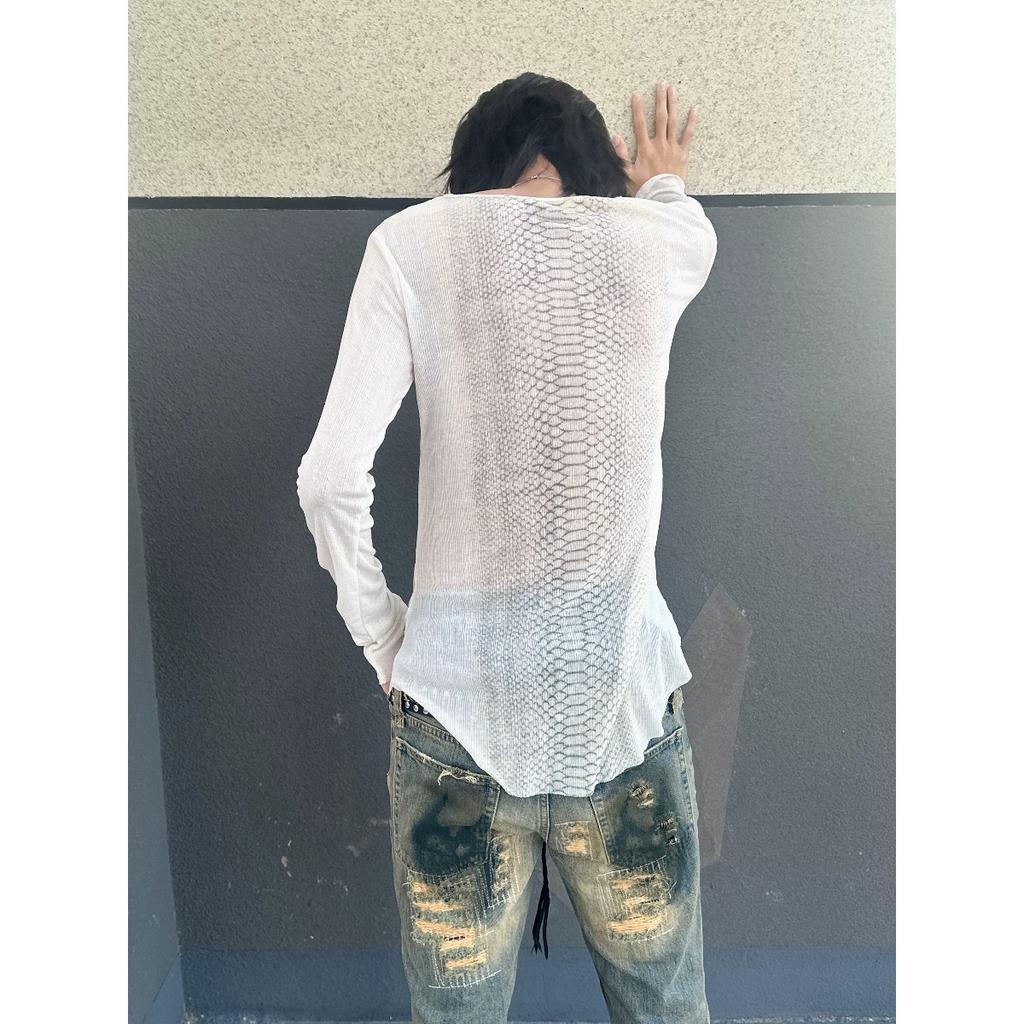 2KWEIRD Y2k Snakeskin Print T-shirt Grunge Aesthetics Long Sleeve Knitted Tops Vintage 2000s Streetwear American Retro