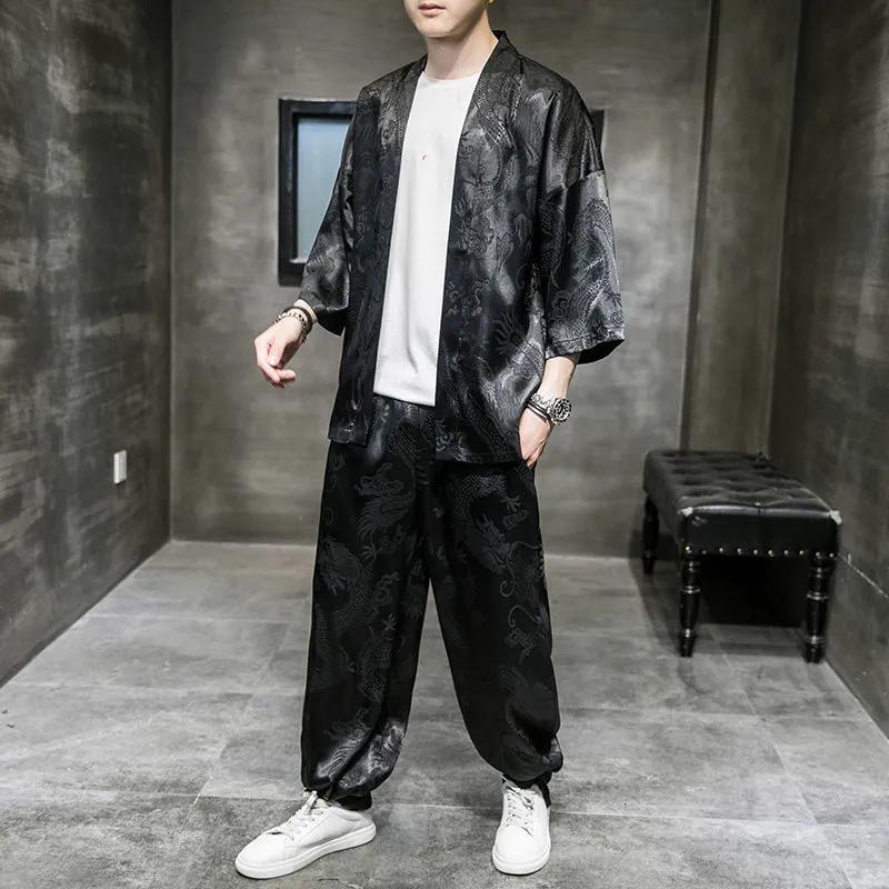 Chinese Style Suit Dark Flower Dragon Pattern Embroidery Men's Elastic Waist Pant Casual Sunscreen Clothing Dragon Robe Cardigan Hanfu Two-piece Suit