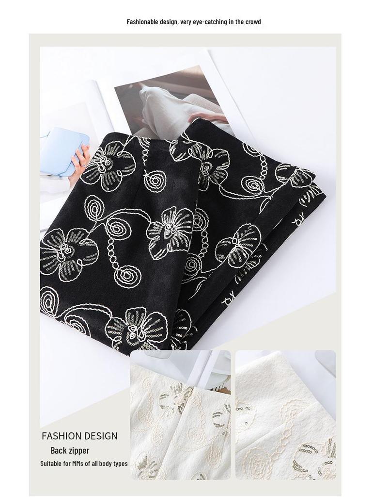 2026 Women's Retro High-Waist A-Line Skirt with French Embroidery and Back Slit