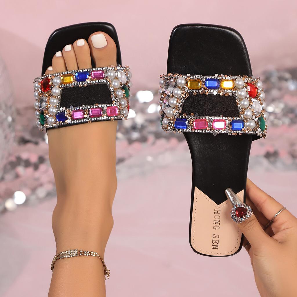Fashion Women's Fashion Flat Slippers in Summer New Square Shallow Diamond Beaded Soft-soled Anti-slip and Wear-resistant Slippers.