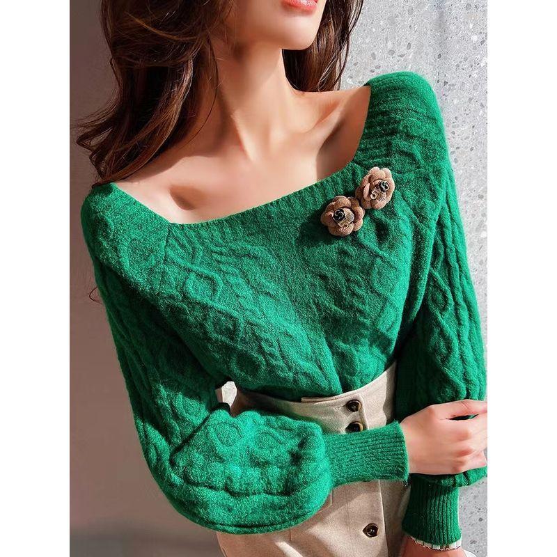 New Square Collar Retro Hemp Pattern Loose Knitwear