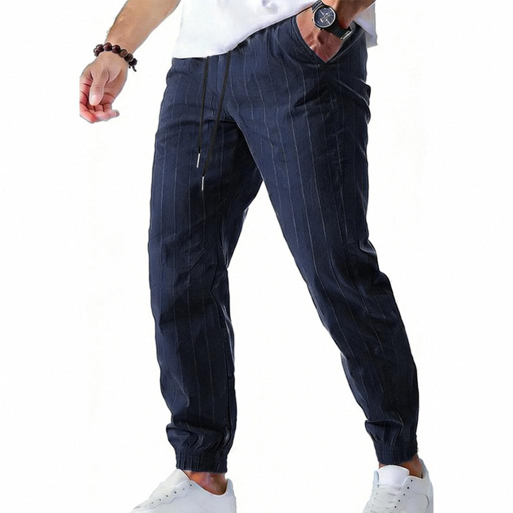 Men Drawstring Waist Pinstripe Jogger Pants Relaxed Fit Lightweight Breathable Trousers for Daily Wear Sports Activities