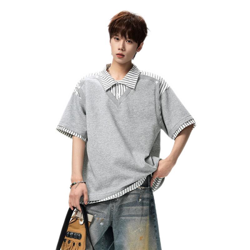 Foss Phil Men's Summer Loose Fit Short Sleeve Polo Shirt Fake Two-Piece Shirt Collar T-Shirt