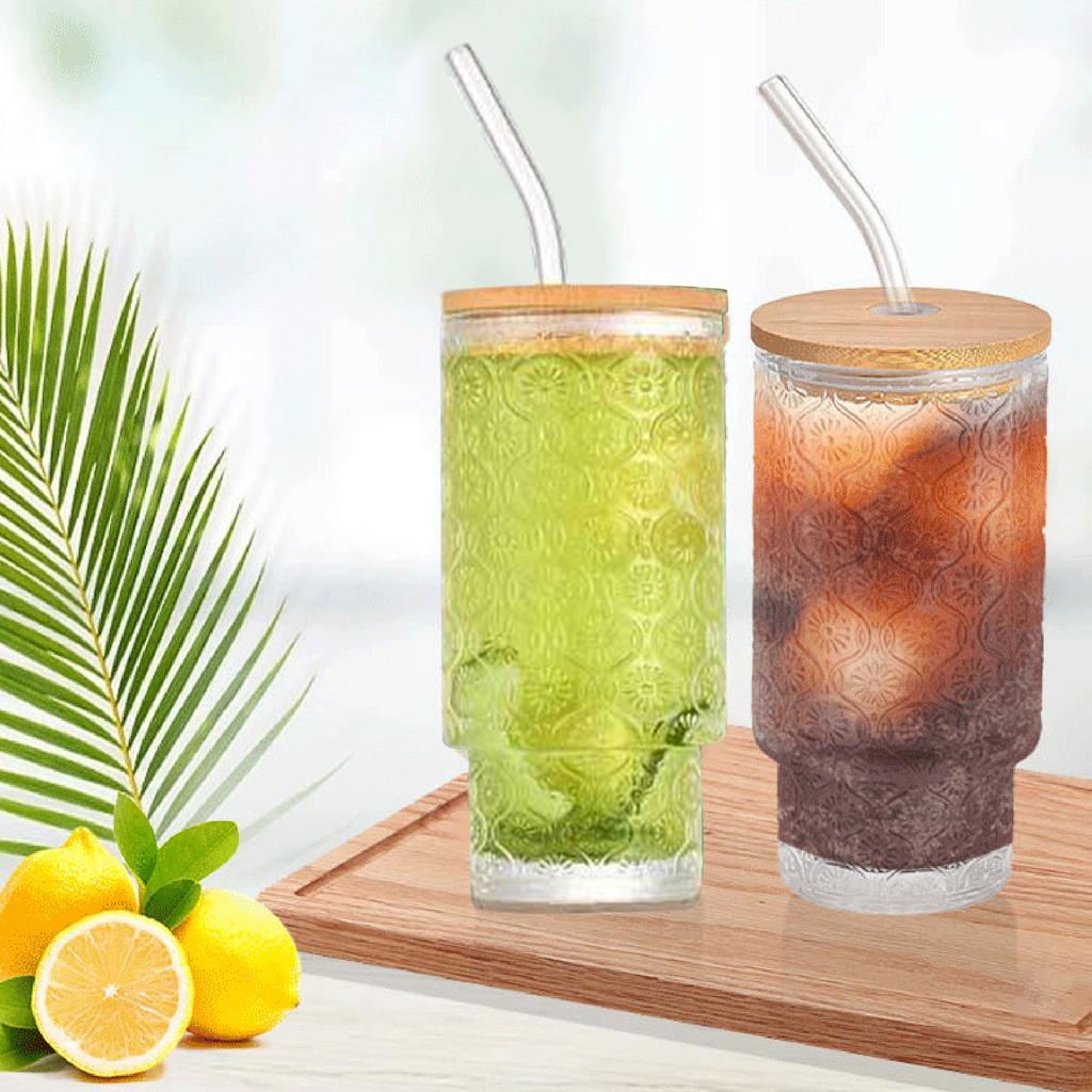 Stylish 16 Oz Glass Tumbler with Straw Lid and Cleaning Brush for Iced Coffee and Smoothies Begonia Pattern Design