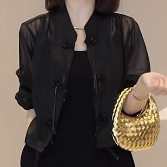 

Рубашка с длинными рукавами на пуговицах в китайском стиле, женская весенне-летняя модная универсальная короткая солнцезащитная куртка 2XL чёрный