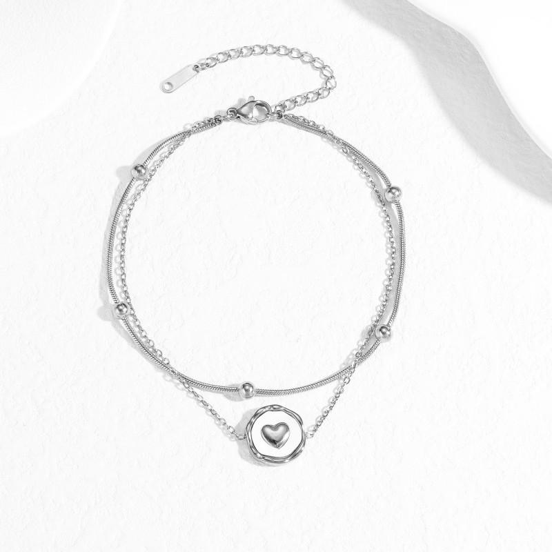 Minimalist Heart Double Layer Beaded Stainless Steel Bracelet Women Elegant Stackable Jewelry Accessory