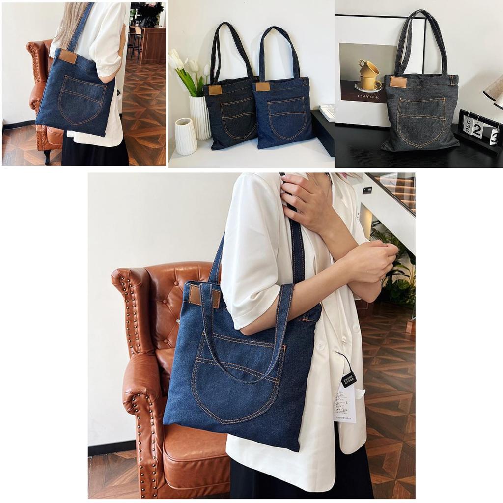 Denim Shoulder Bag Large Capacity Shopping Tote With Zipper For Daily Use