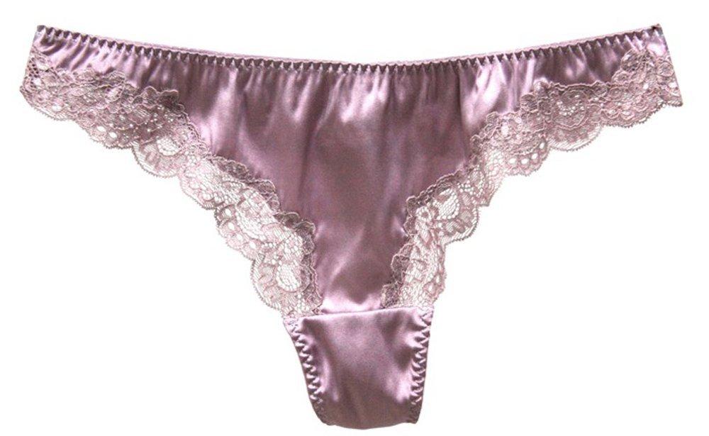 MAYUDAMA SILK Luxury Silk Satin Lace Romantic Panties Pink Low-Rise T-Back Women's (XL, Purple)